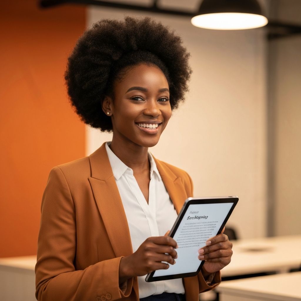 Une femme africaine lisant du texte sur une tablette
