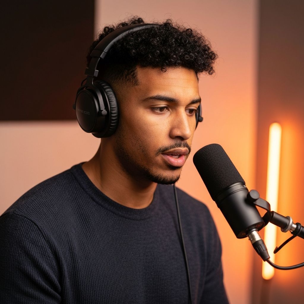 Un homme parlant dans un microphone avec des écouteurs